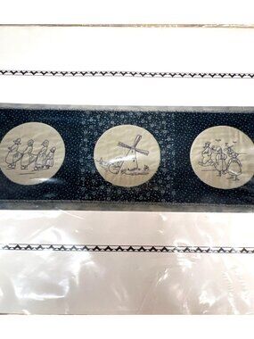 RARE Vintage Bluework Blue Delft Table Runner With Dutch Windmill & Figures